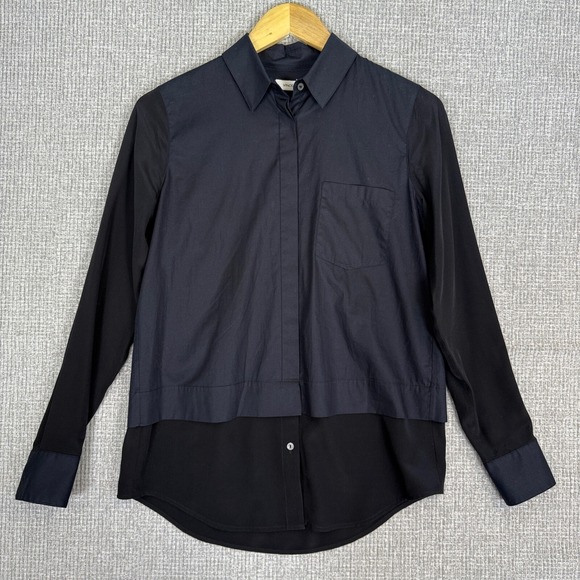 Vince Tops - Vince‎ Silk Combo Mixed Media Button Down Long Sleeve Top Black Sz 2
